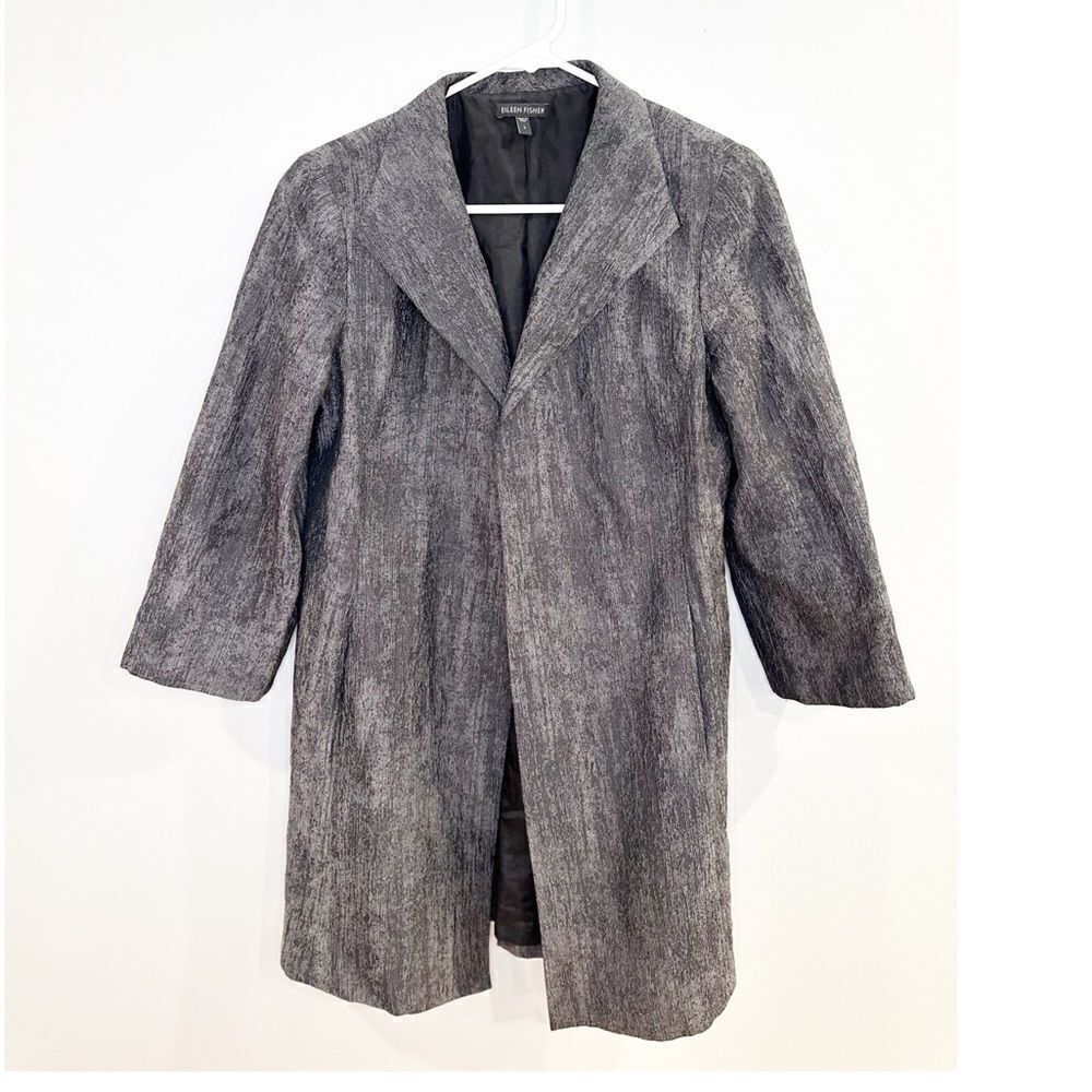 Eileen fisher open front trench coat silk blend gray